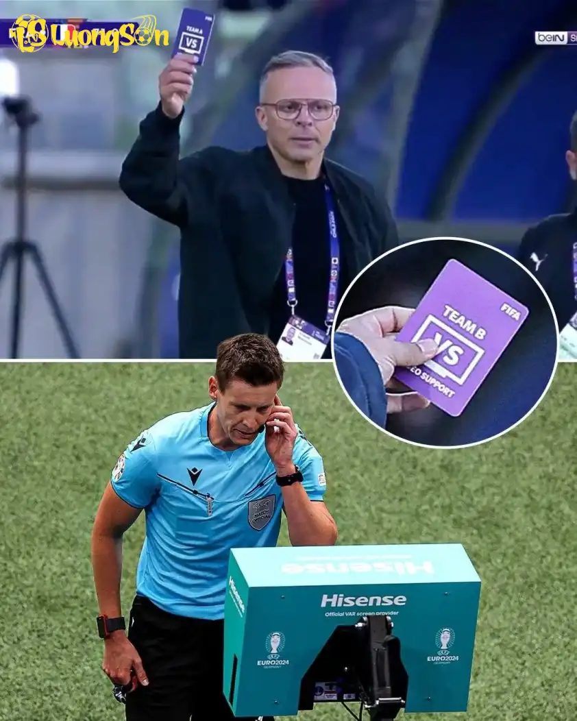 HLV Mohamed Ouahbi của Morocco giơ thẻ tím yêu cầu xem lại pha bóng – Ảnh: beIN Sports. HLV Mohamed Ouahbi của Morocco giơ thẻ tím yêu cầu xem lại pha bóng